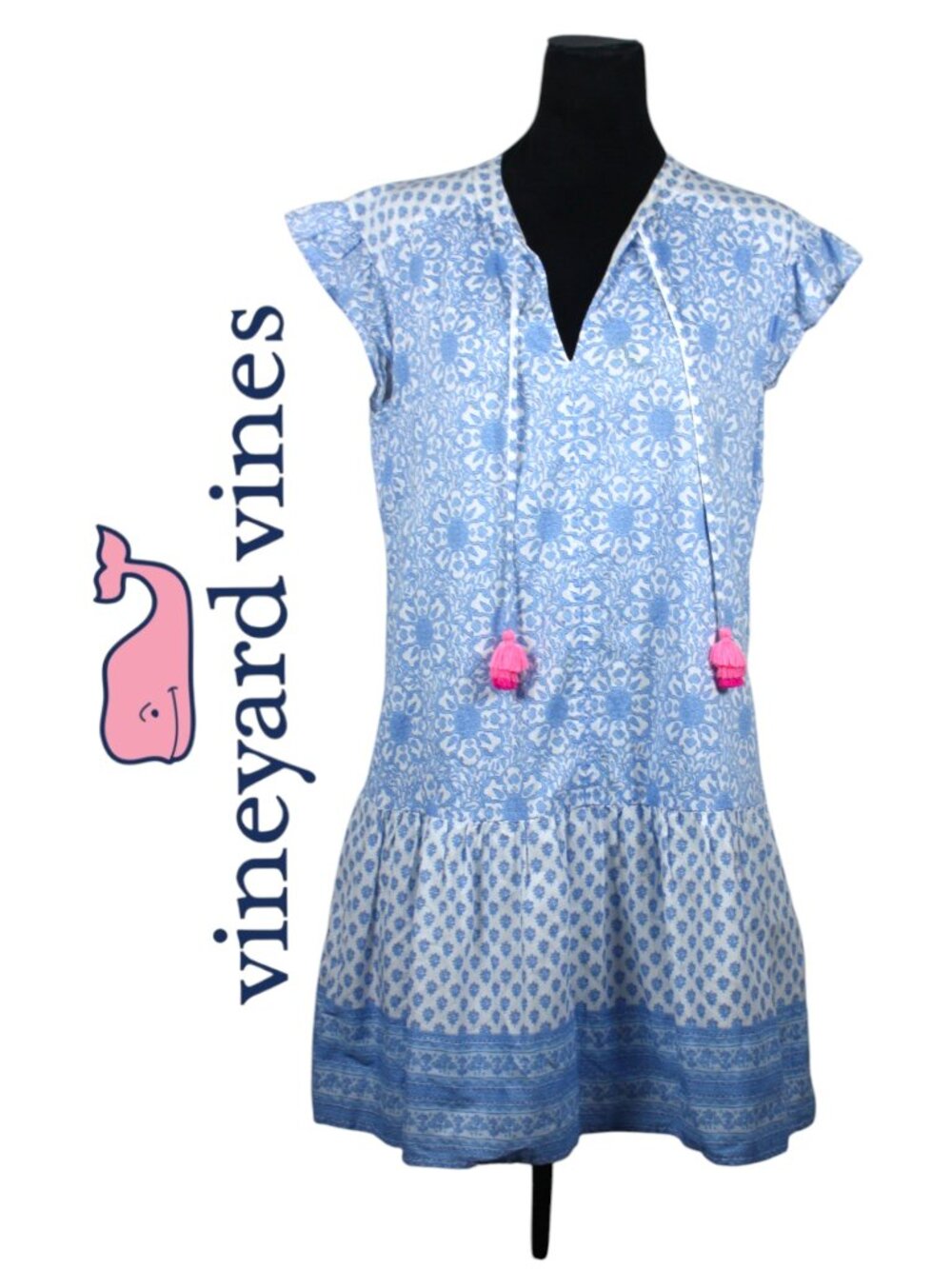 Vineyard Vines Blue & White V-Neck, Short Sleeve Dress Size Small